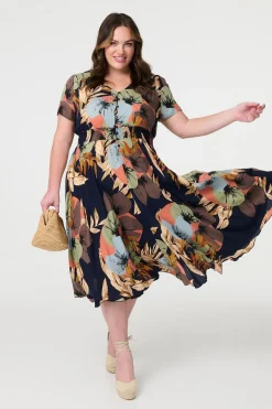 Floral Print Short Sleeve Midi Dress