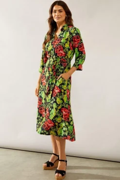 Floral Print Viscose Belted Midi Shirt Dress