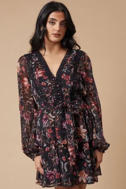 Floral Printed Lace Trim Tiered Belted Mini Dress