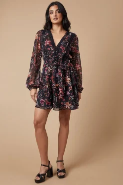 Floral Printed Lace Trim Tiered Belted Mini Dress