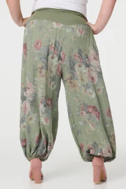 Floral Ruched Waist Harem Trousers