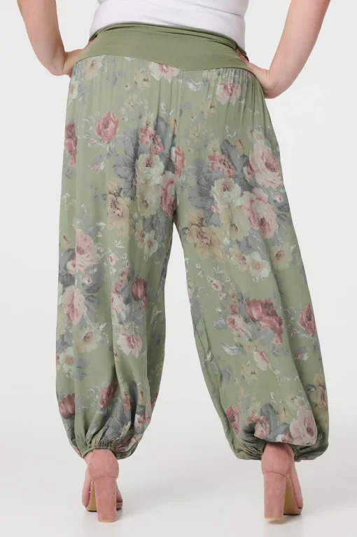 Floral Ruched Waist Harem Trousers