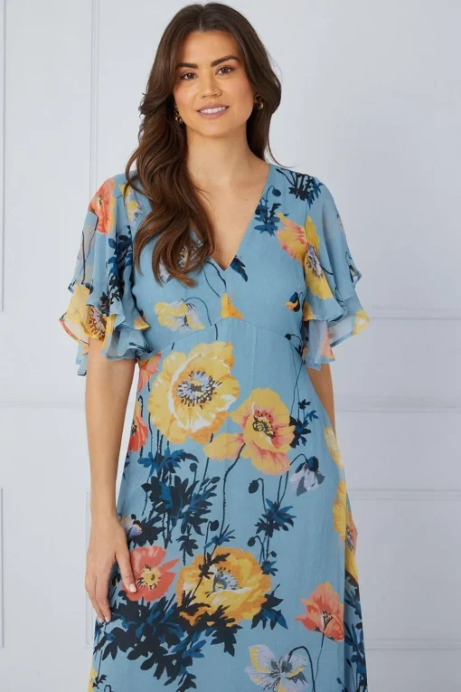 Floral Ruffle Sleeve Bias Midaxi Dress