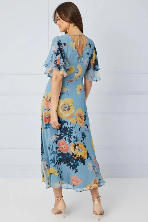 Floral Ruffle Sleeve Bias Midaxi Dress