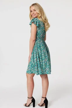 Floral Ruffle Sleeve Skater Dress