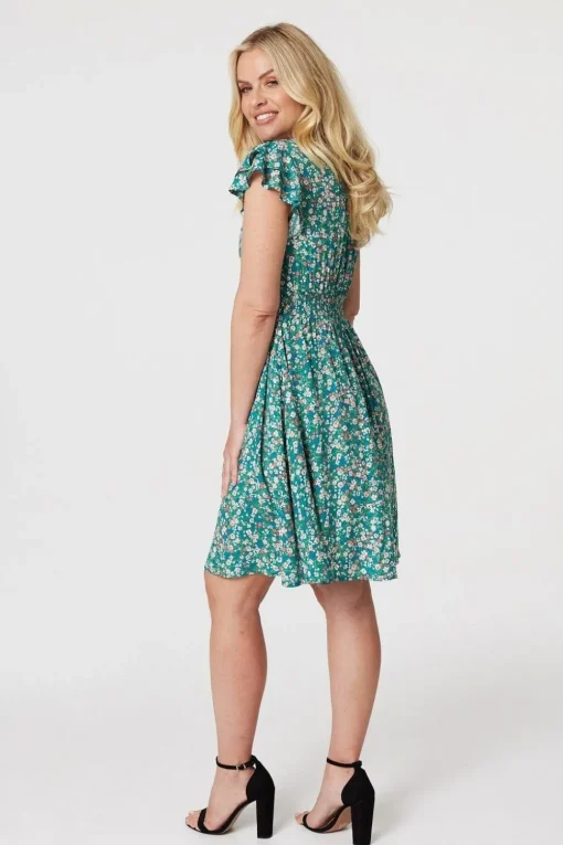 Floral Ruffle Sleeve Skater Dress