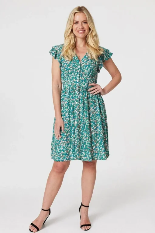 Floral Ruffle Sleeve Skater Dress