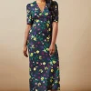 Floral Satin Tie Velvet Tie Shoulder Midaxi Dress