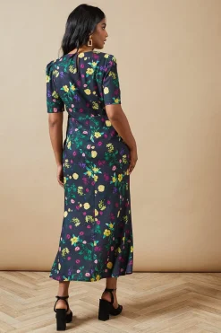 Floral Satin Tie Velvet Tie Shoulder Midaxi Dress