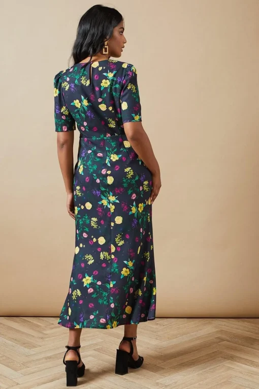 Floral Satin Tie Velvet Tie Shoulder Midaxi Dress
