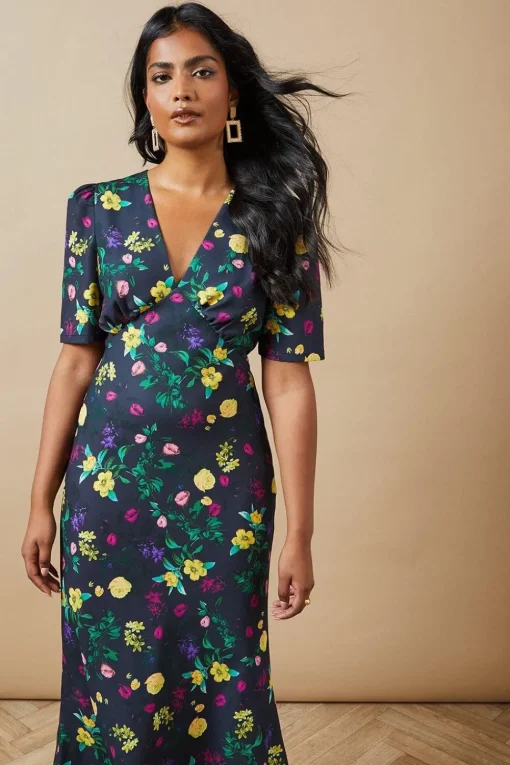 Floral Satin Tie Velvet Tie Shoulder Midaxi Dress