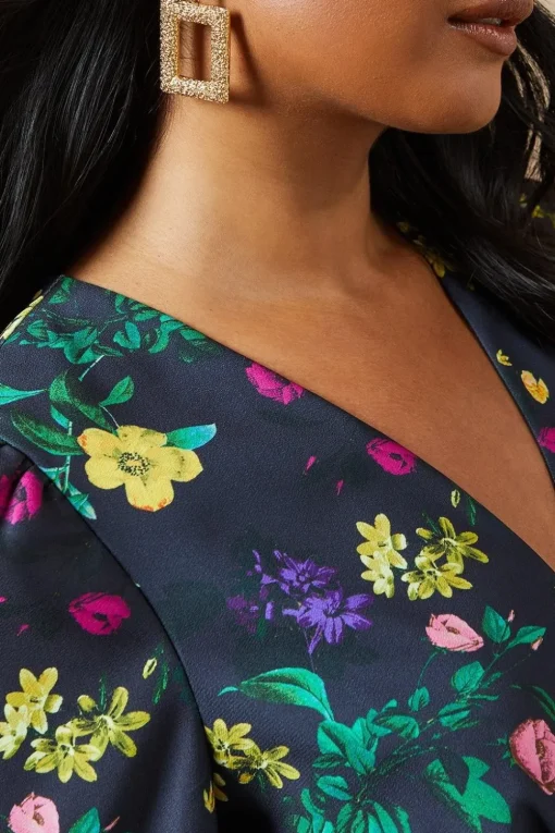 Floral Satin Tie Velvet Tie Shoulder Midaxi Dress