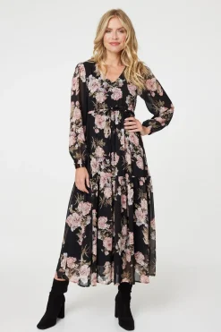 Floral Semi Sheer Empire Waist Midi Dress