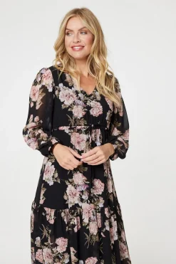 Floral Semi Sheer Empire Waist Midi Dress