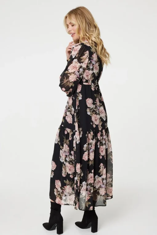 Floral Semi Sheer Empire Waist Midi Dress