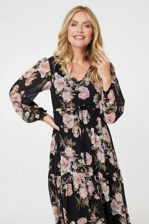 Floral Semi Sheer Empire Waist Midi Dress