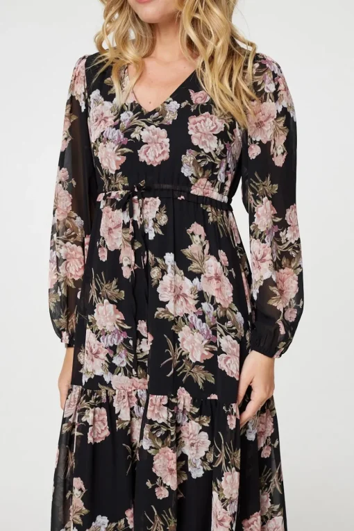 Floral Semi Sheer Empire Waist Midi Dress