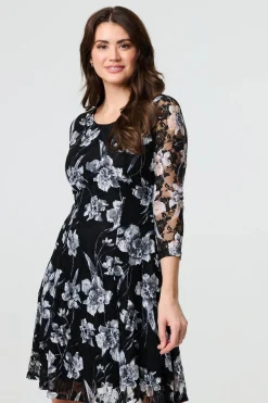 Floral Semi Sheer Lace Layer Short Dress