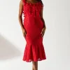 Floral Shoulder Detail Lace Midi Dress