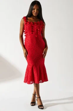 Floral Shoulder Detail Lace Midi Dress