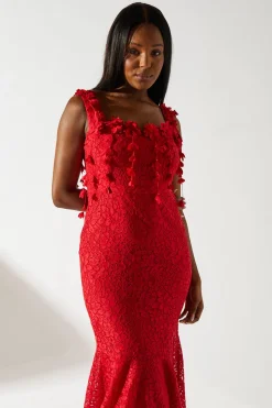 Floral Shoulder Detail Lace Midi Dress