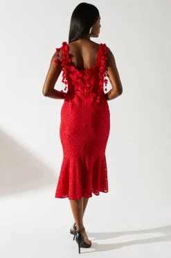 Floral Shoulder Detail Lace Midi Dress