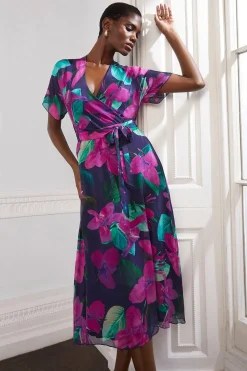 Floral Silk Mix Wrap Midi Dress