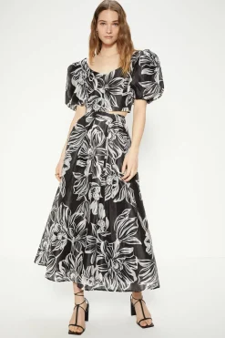 Floral Striped Organza Puff Sleeve Crop Top