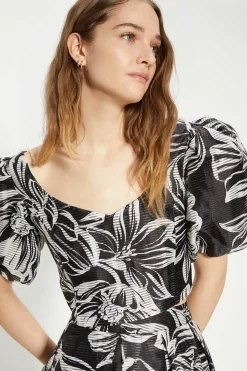Floral Striped Organza Puff Sleeve Crop Top