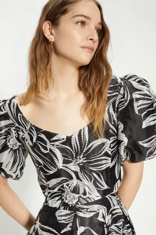 Floral Striped Organza Puff Sleeve Crop Top