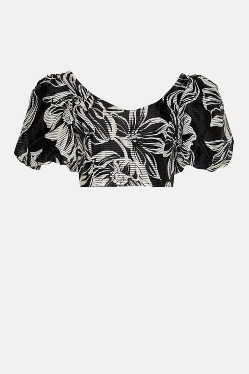 Floral Striped Organza Puff Sleeve Crop Top