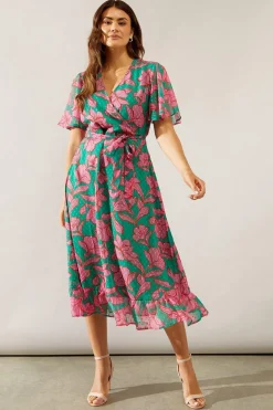 Floral Texture Wrap Flutter Sleeve Midi Dress