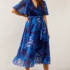 Floral Texture Wrap Flutter Sleeve Midi Dress
