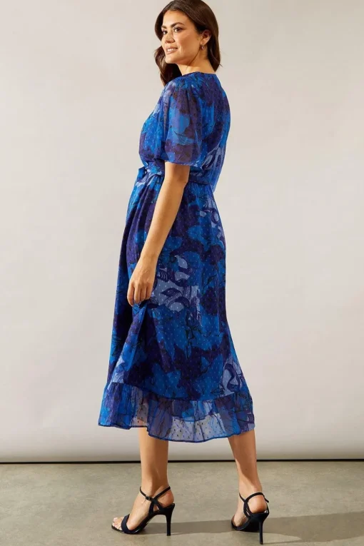 Floral Texture Wrap Flutter Sleeve Midi Dress