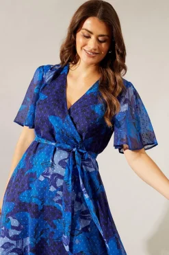 Floral Texture Wrap Flutter Sleeve Midi Dress