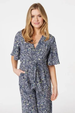 Floral Tie Front Wide Leg Jumpsuit