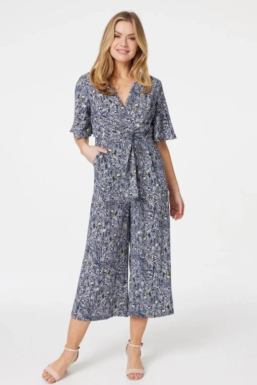 Floral Tie Front Wide Leg Jumpsuit
