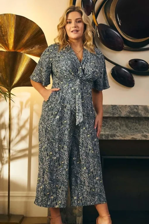 Floral Tie Front Wide Leg Jumpsuit