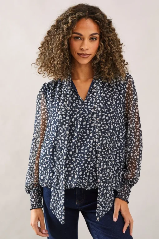 Floral Tie Neck Shirred Blouse