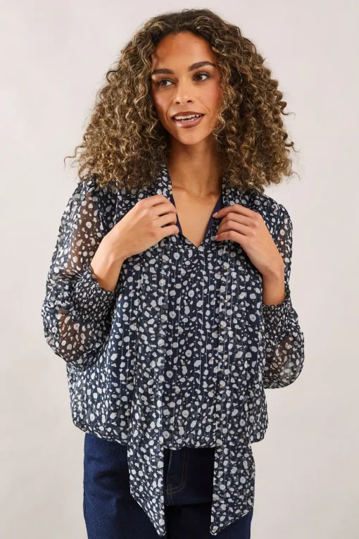 Floral Tie Neck Shirred Blouse