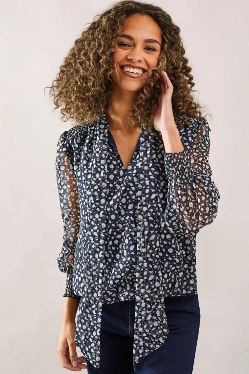 Floral Tie Neck Shirred Blouse