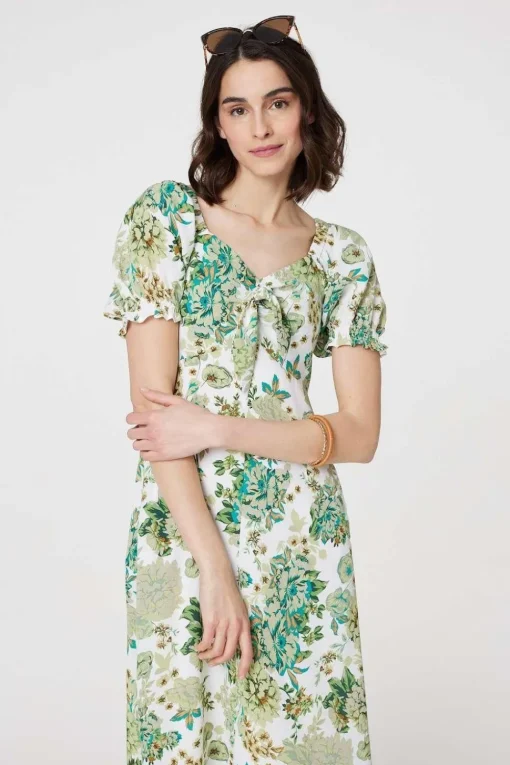 Floral Tie-Front Short Sleeve Midi Dress