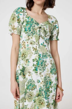 Floral Tie-Front Short Sleeve Midi Dress