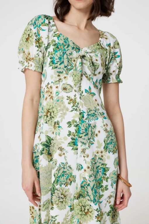 Floral Tie-Front Short Sleeve Midi Dress
