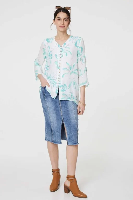 Floral Turn-Up Sleeve Longline Shirt