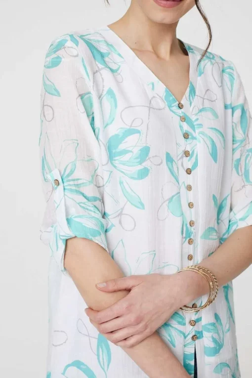 Floral Turn-Up Sleeve Longline Shirt