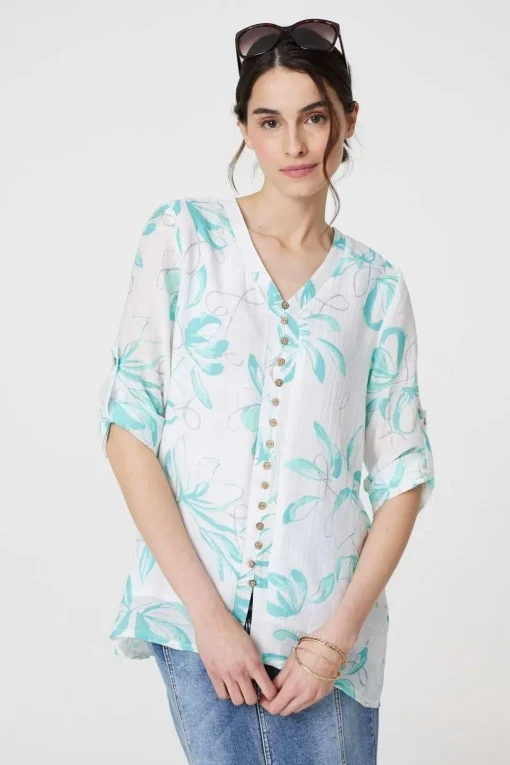 Floral Turn-Up Sleeve Longline Shirt
