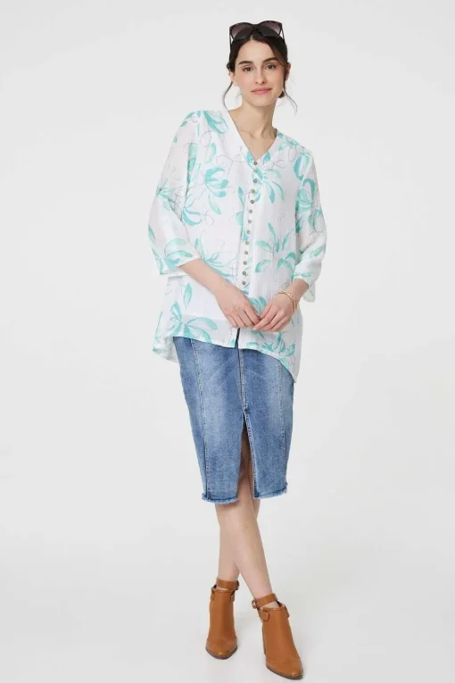 Floral Turn-Up Sleeve Longline Shirt