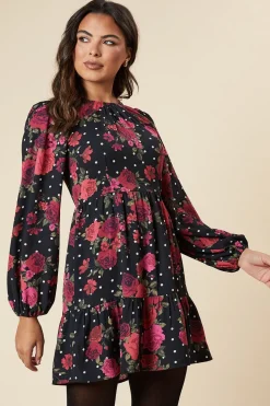 Floral With Spot Long Sleeve Tiered Mini Dress