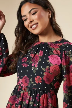 Floral With Spot Long Sleeve Tiered Mini Dress
